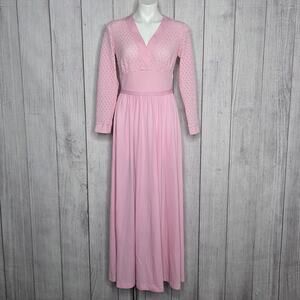 Vintage 70s Plaza South Pink Pointelle Maxi Dress Long Sleeve, Sz Small